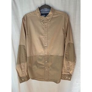 Tommy Hilfiger Mens Custom Fit Colorblock Elbow Patch Button Down Shirt Tan M